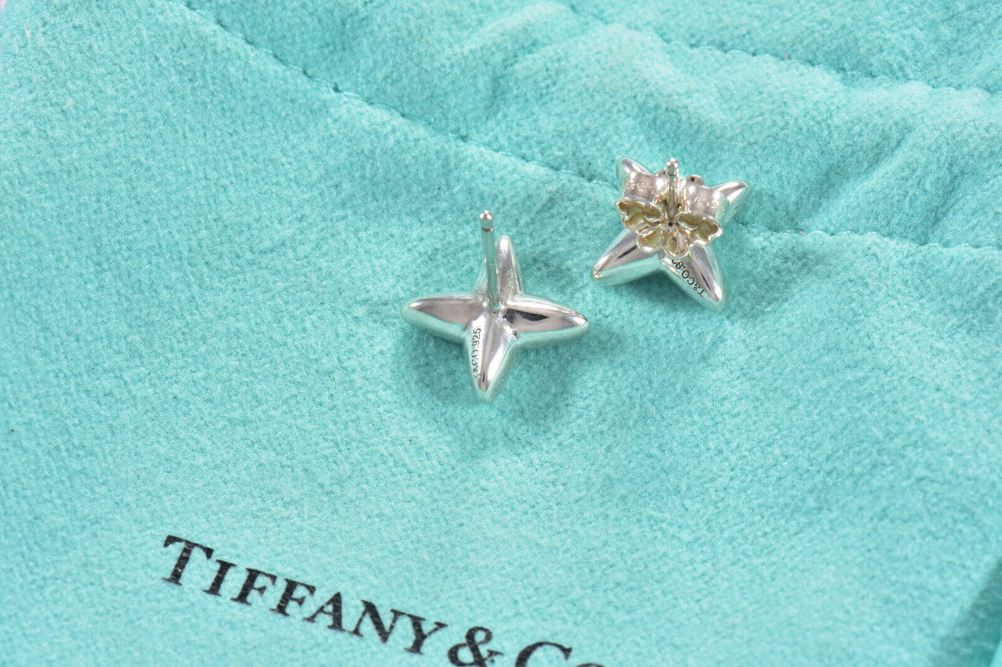 Tiffany & Co Sterling Silver Sirius Star Stud Earrings & Pouch Rare Lovely Gift