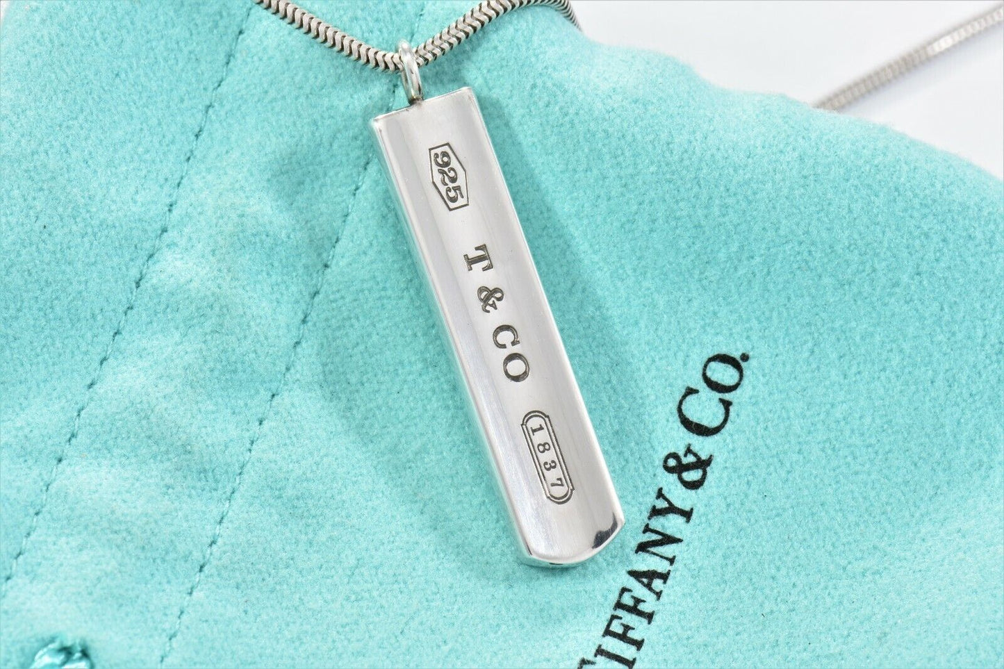 Tiffany & Co Sterling Silver 1837 Bar Pendant 18" Snake Chain Necklace in Pouch