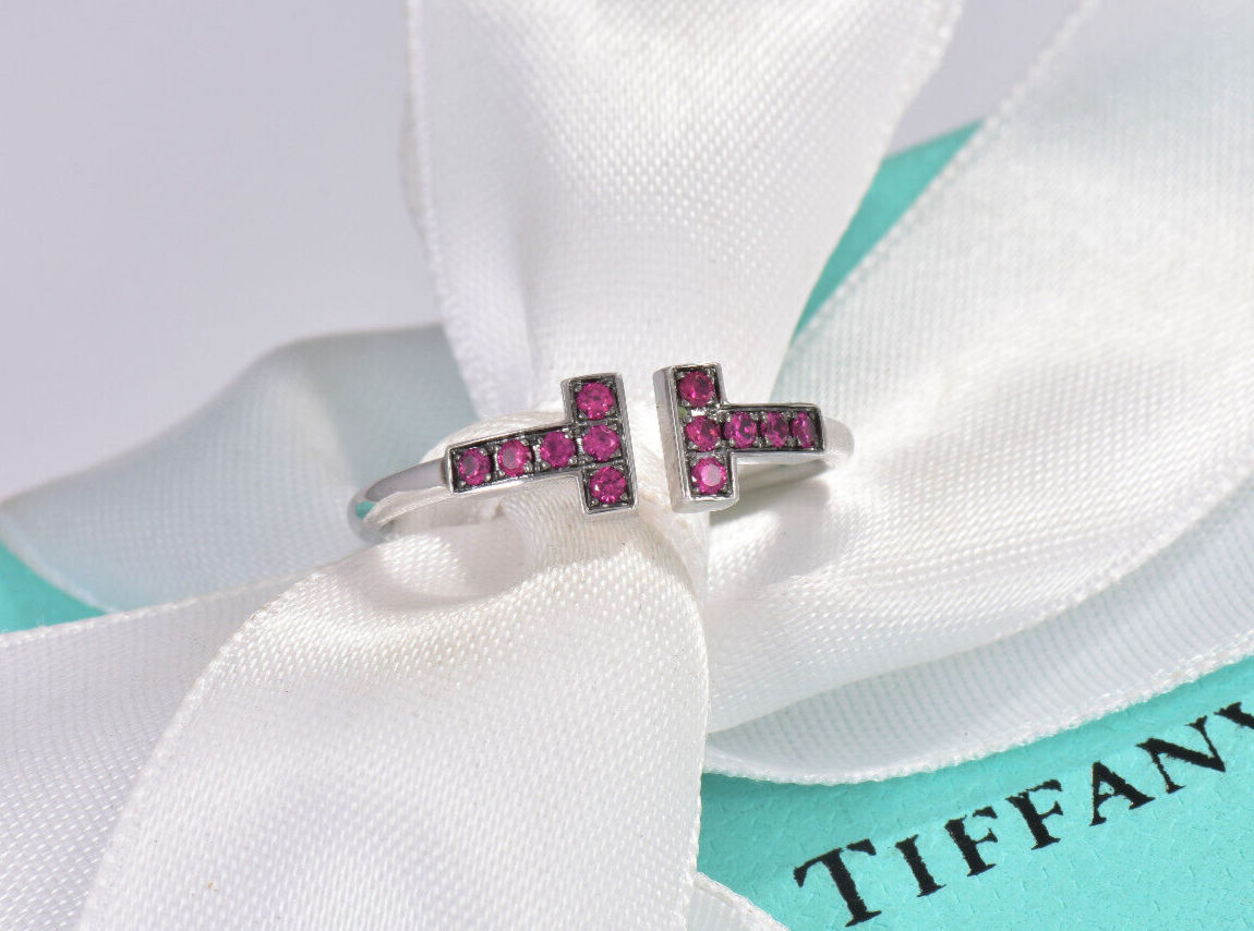 Tiffany & Co Red Ruby 18K White Gold T Square Wire Ring Size 4 in Box Pouch Rare