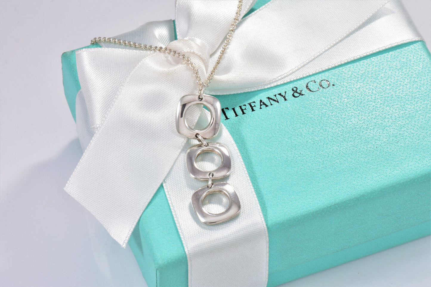 Tiffany & Co Silver Three Cushion Square Dangle Pendant Drop Necklace in Pouch