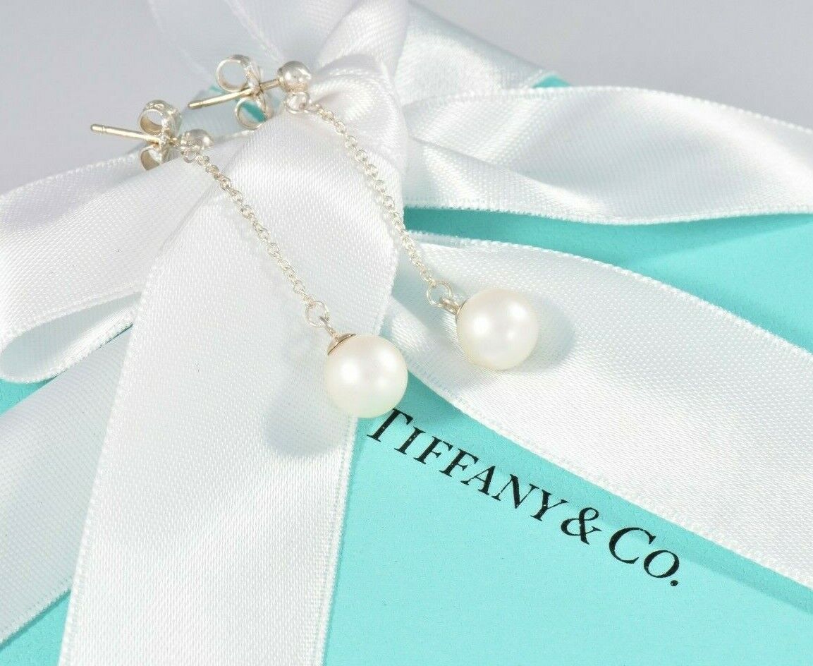 Tiffany & Co Sterling Silver Bead Pearl Drop Earrings in Box Pouch Dangle Rare