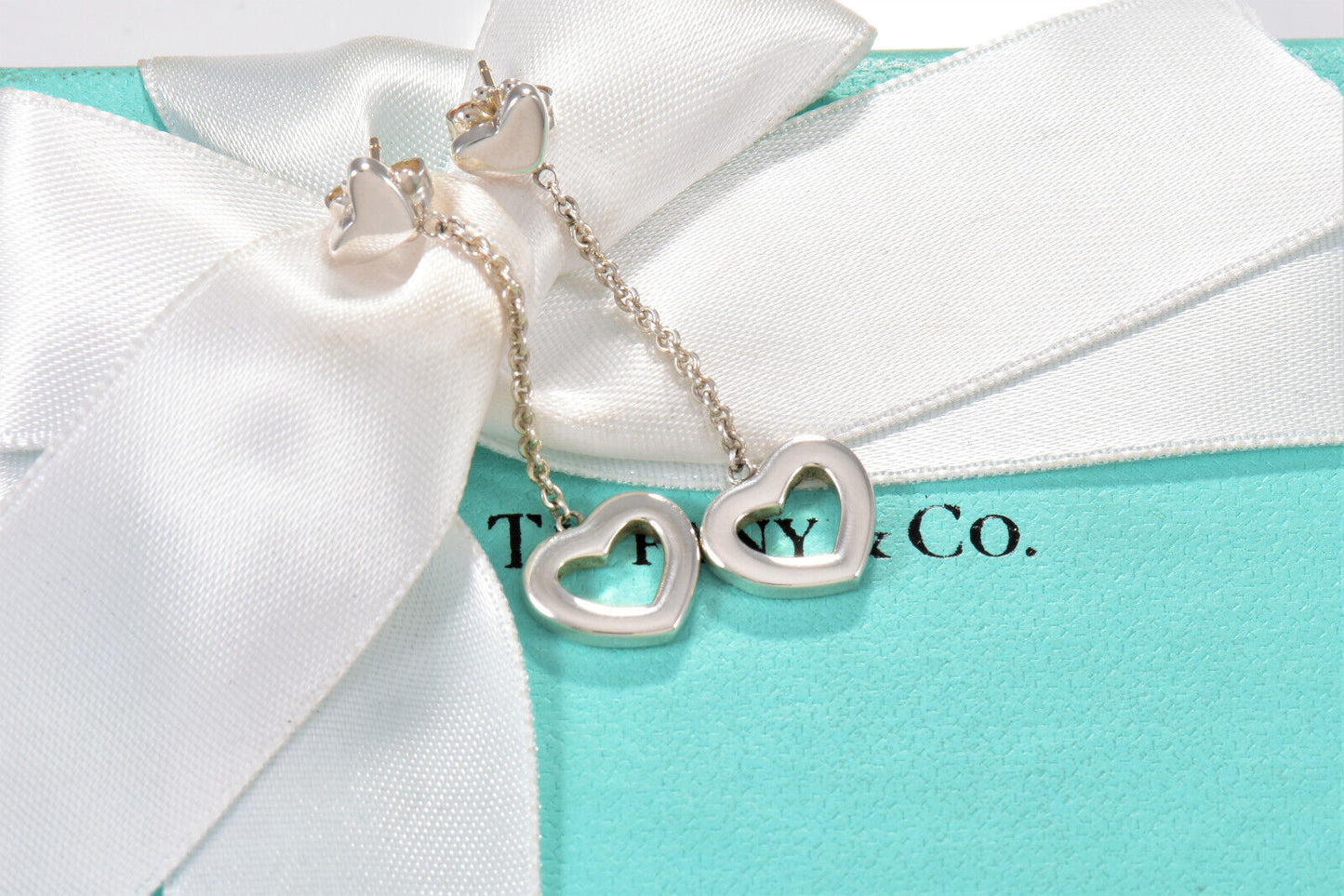 Tiffany & Co Silver Heart Drop Lariat Dangle Earrings Only Lovely