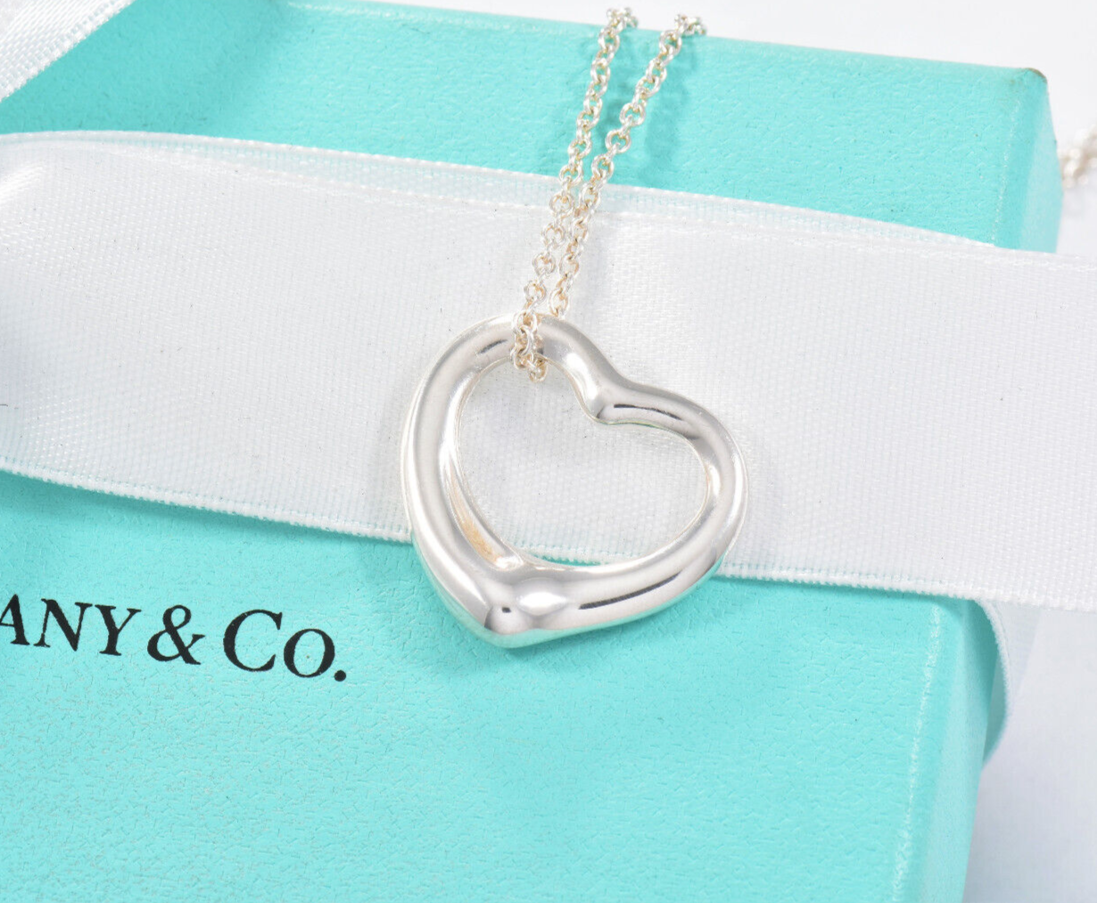 Tiffany & Co Silver Elsa Peretti 22mm Medium Open Heart 16" Chain Necklace