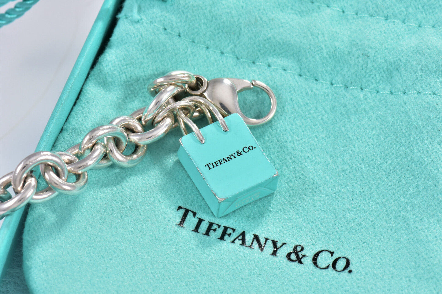 Tiffany & Co Silver Blue Enamel Shopping Bag Charm 7.75" Chain Link Bracelet