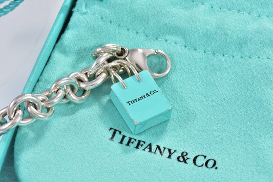 Tiffany & Co Silver Blue Enamel Shopping Bag Charm 7.75" Chain Link Bracelet