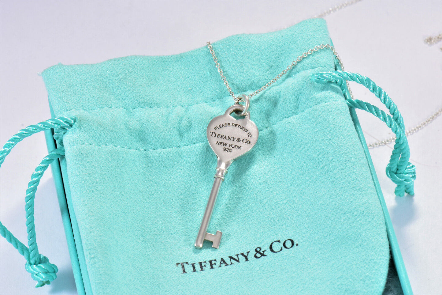 Please Return To Tiffany & Co Sterling Silver Heart Key 16.5" Necklace in Pouch