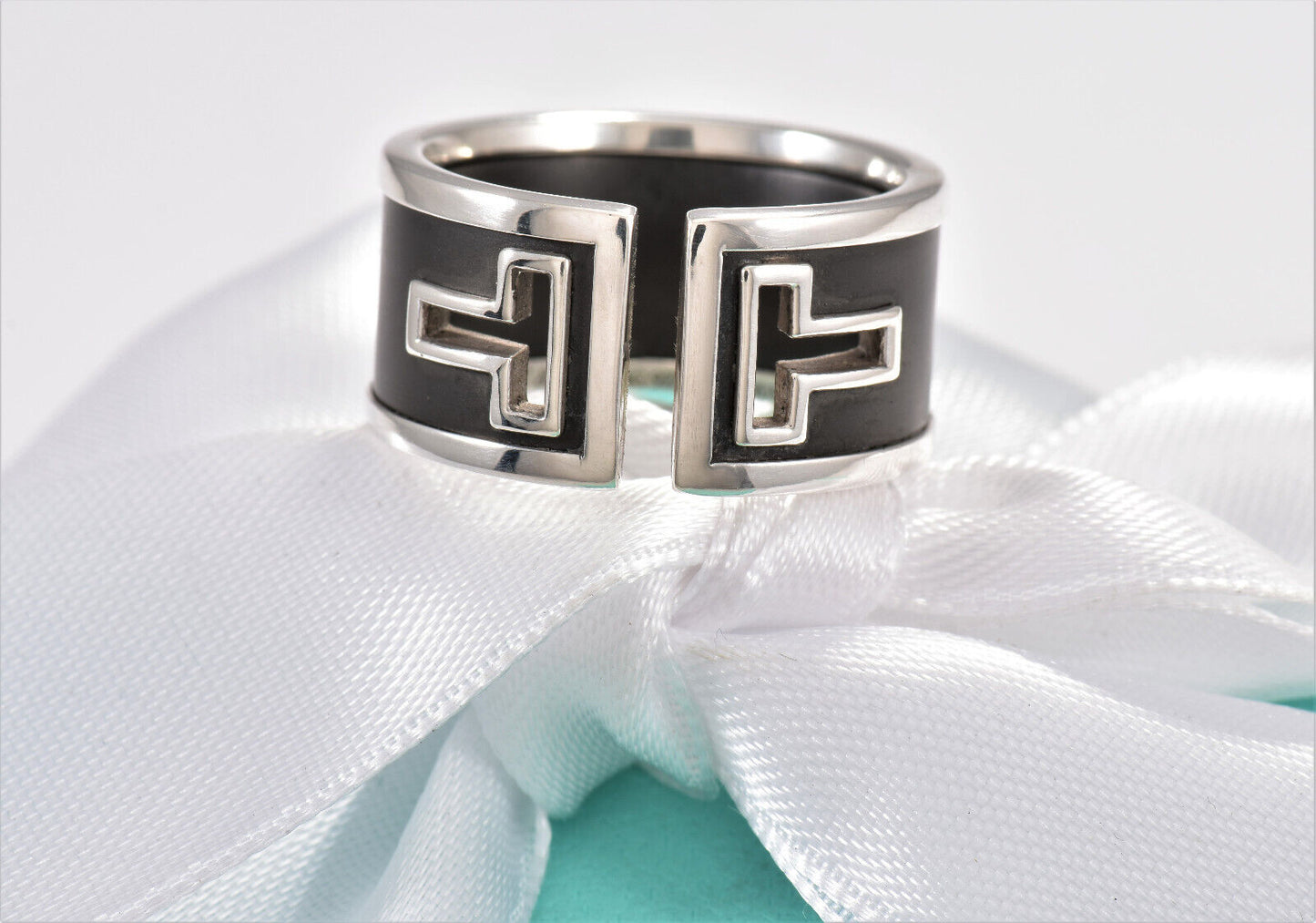 Tiffany & Co Silver Black Ceramic T Cut Out Square Wide Ring Size 6.5 in Pouch