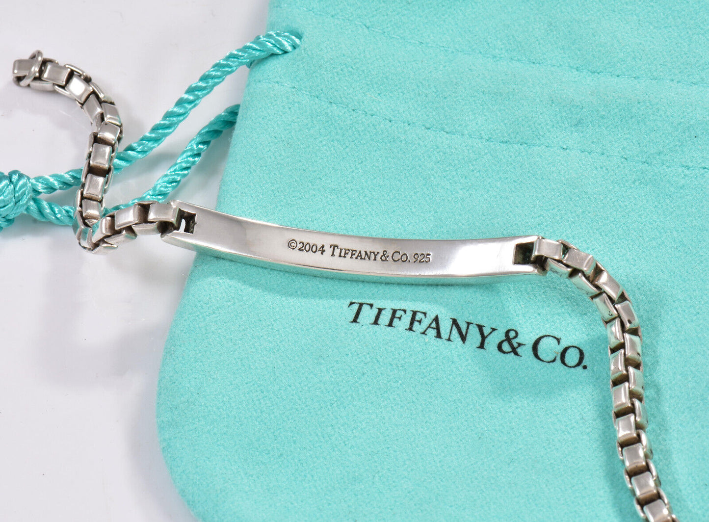 Tiffany & Co Silver LOVE Engraved Venetian Box Link ID Bar Bracelet 6.75" Pouch