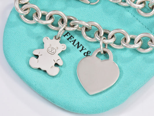 Tiffany & Co Silver Teddy Bear Heart Tag Two Charm 7.75" Chain Link Bracelet