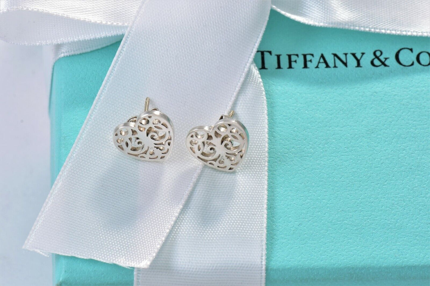 Tiffany & Co Sterling Silver Enchant Scroll Heart Earrings and Pouch Stud Lovely