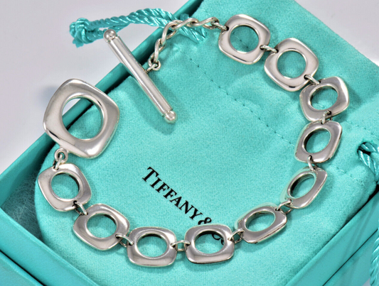 Tiffany & Co Sterling Silver Square Cushion Link Toggle Bracelet 7.75" in Box