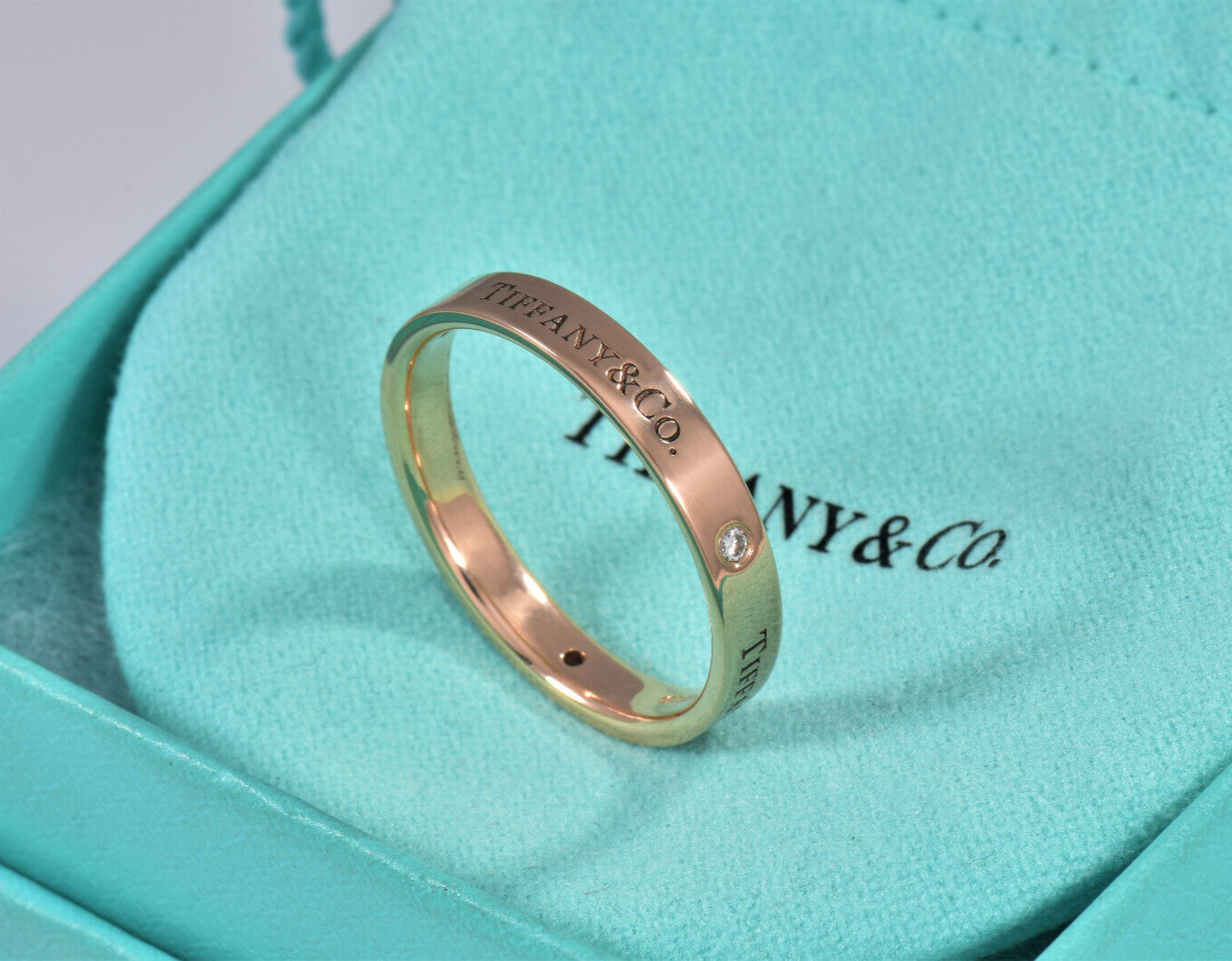 Tiffany & Co Rose Gold Three Diamond 4mm Band Ring Size 12.5 in Box Pouch Lovely