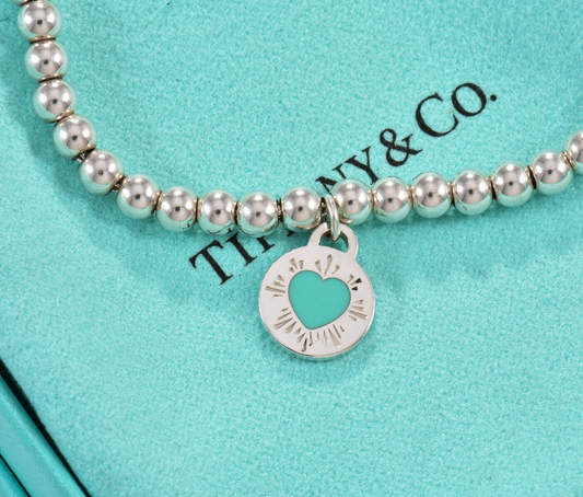 Please Return Tiffany & Co Silver Enamel Heart Round Tag Charm Bead Bracelet