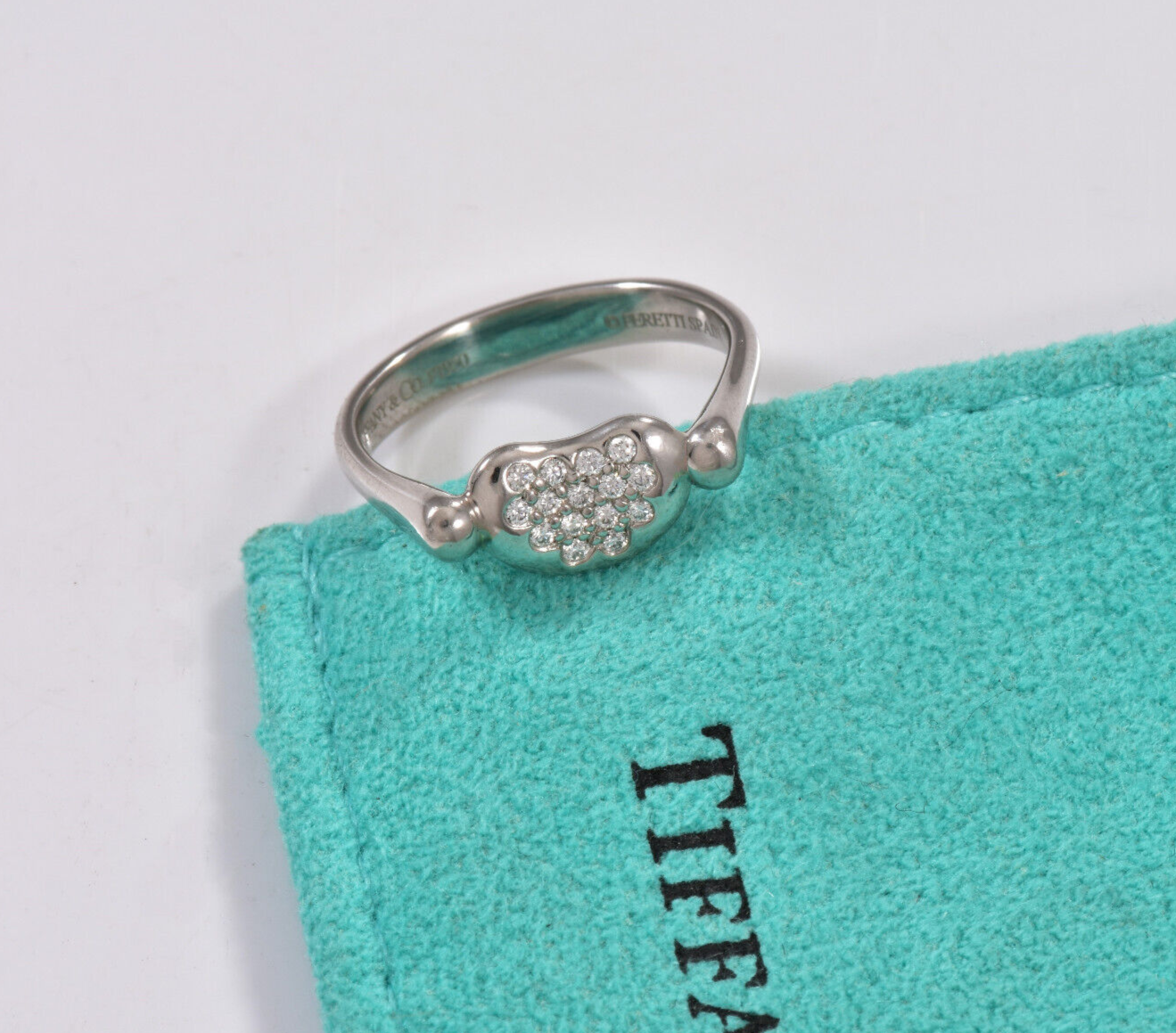 Tiffany & Co Pave Diamond Platinum Elsa Peretti Bean Ring Size 5 in Pouch Rare