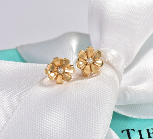 Tiffany & Co 18K Yellow Gold Silver Flower Love Bugs Daisy Earrings in Box Rare