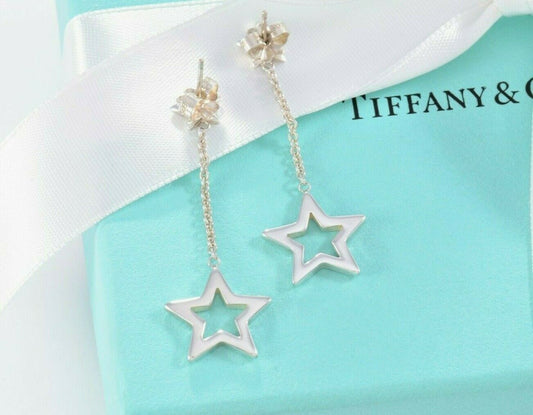 Tiffany & Co Sterling Silver Star Lariat Dangling Earrings in Box Pouch Rare