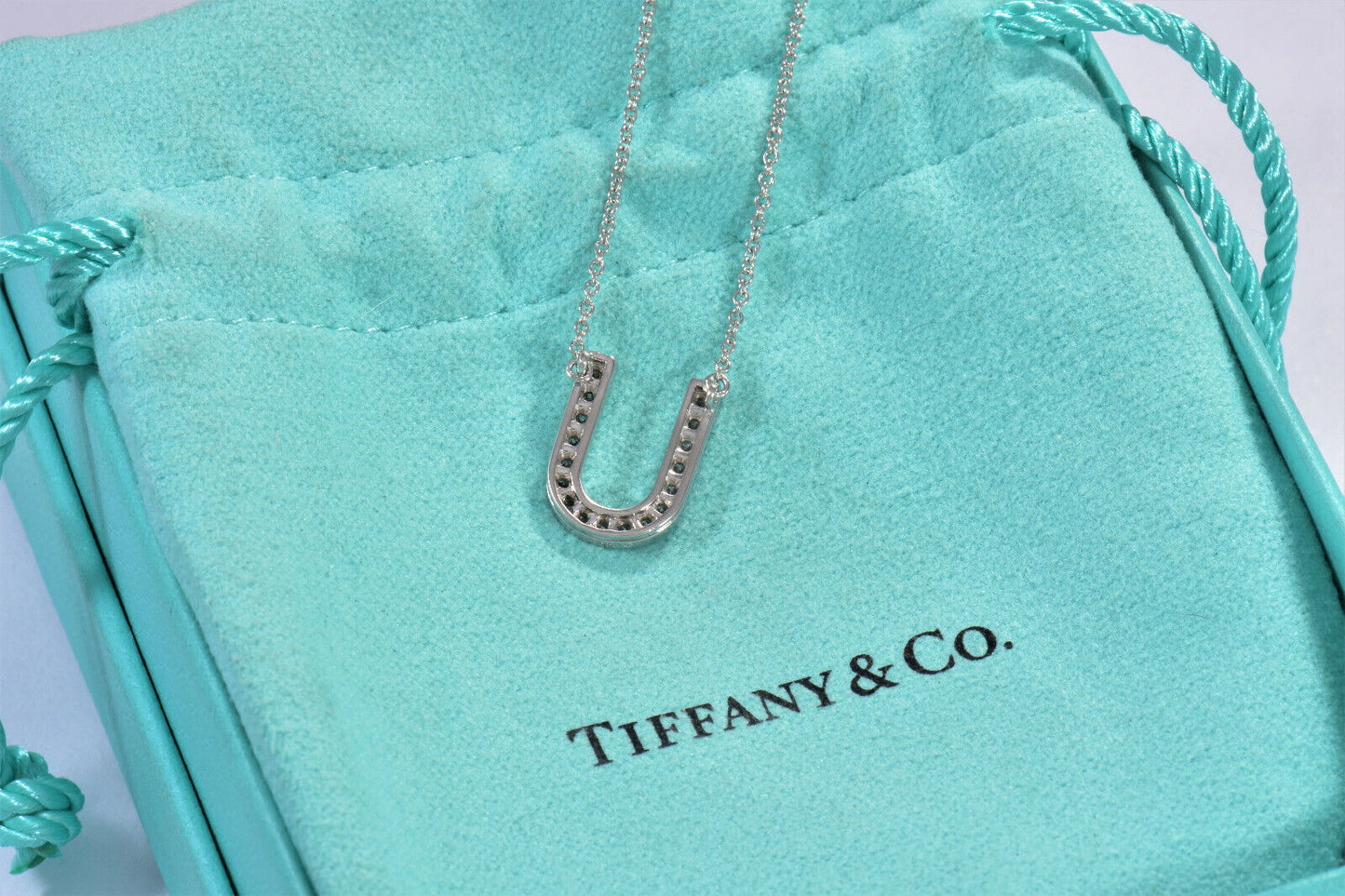 Tiffany & Co Platinum Diamond Large Letter U Pendant 16.5" Necklace In Box Pouch