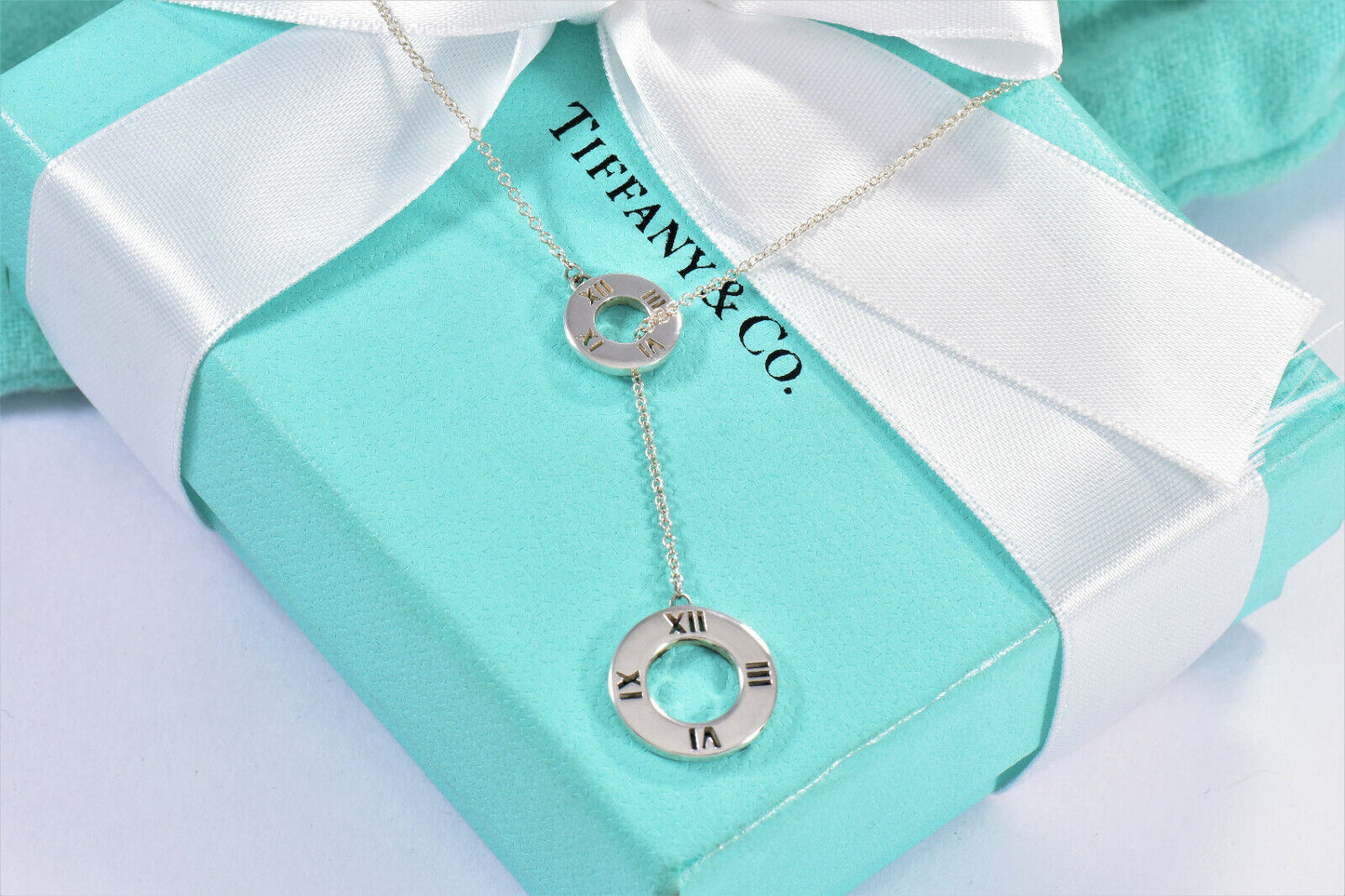 Tiffany & Co Silver Atlas Lariat Pendant Adjustable Necklace in Box Pouch Ribbon