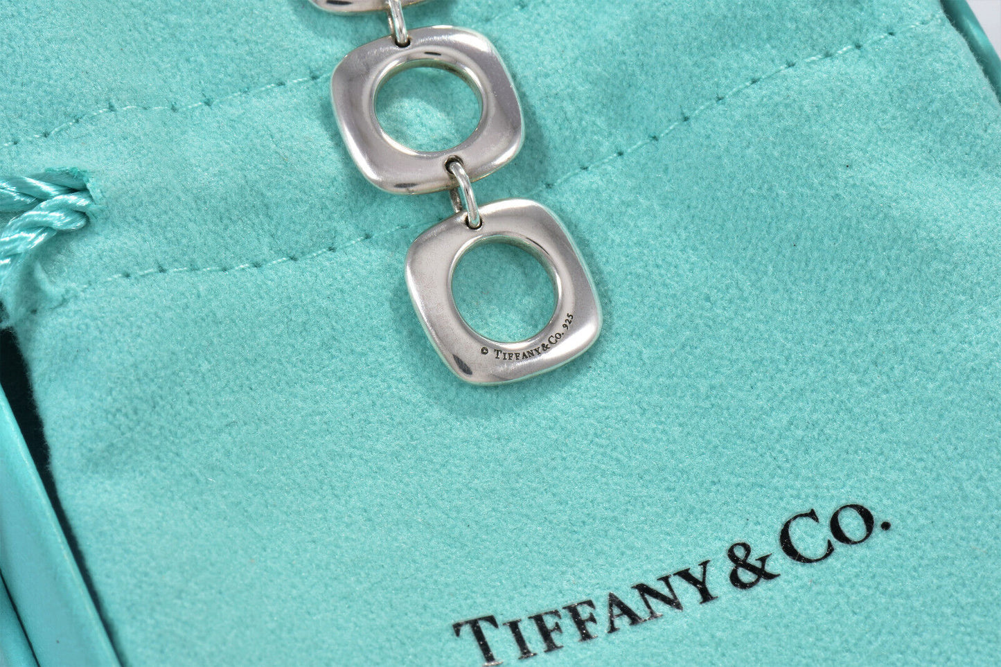 Tiffany & Co Silver Three Cushion Square Dangle Pendant Drop Necklace in Pouch