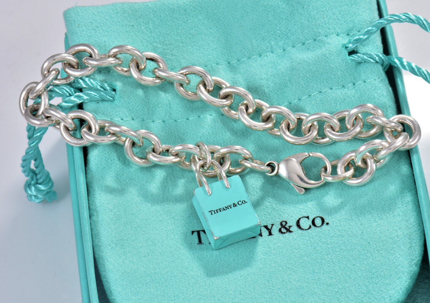 Tiffany & Co Silver Blue Enamel Shopping Bag Charm 7.75" Chain Link Bracelet