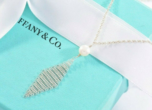 Tiffany & Co Elsa Peretti Silver Mesh Pearl Dangling Pendant Necklace Boxed Rare