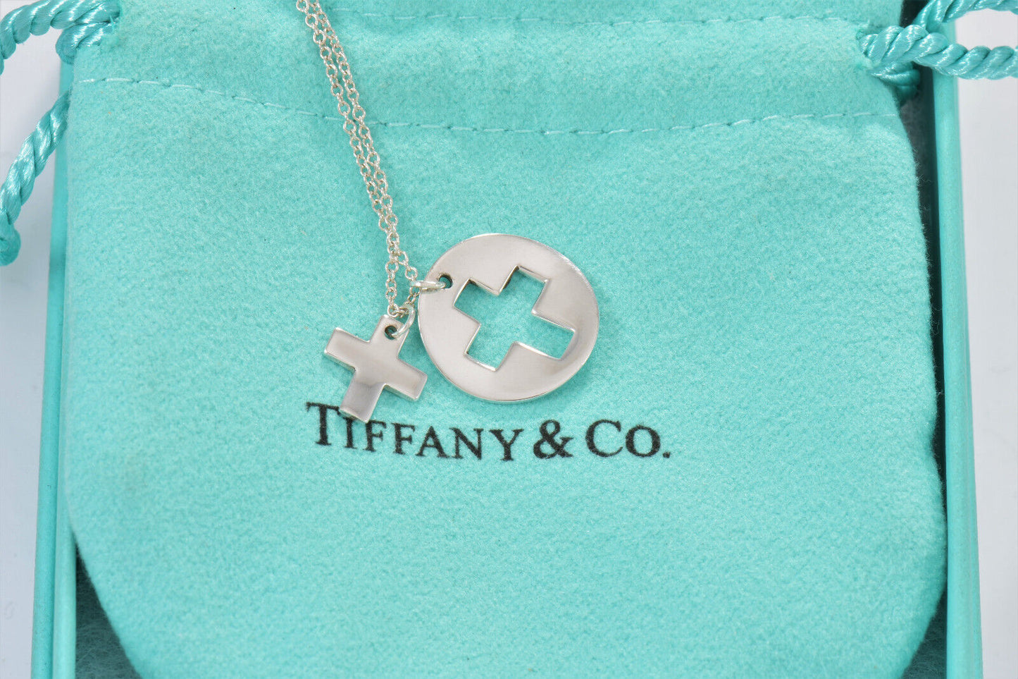 Tiffany & Co Sterling Silver Cross Cutout Circle Pendant 16" Necklace in Pouch