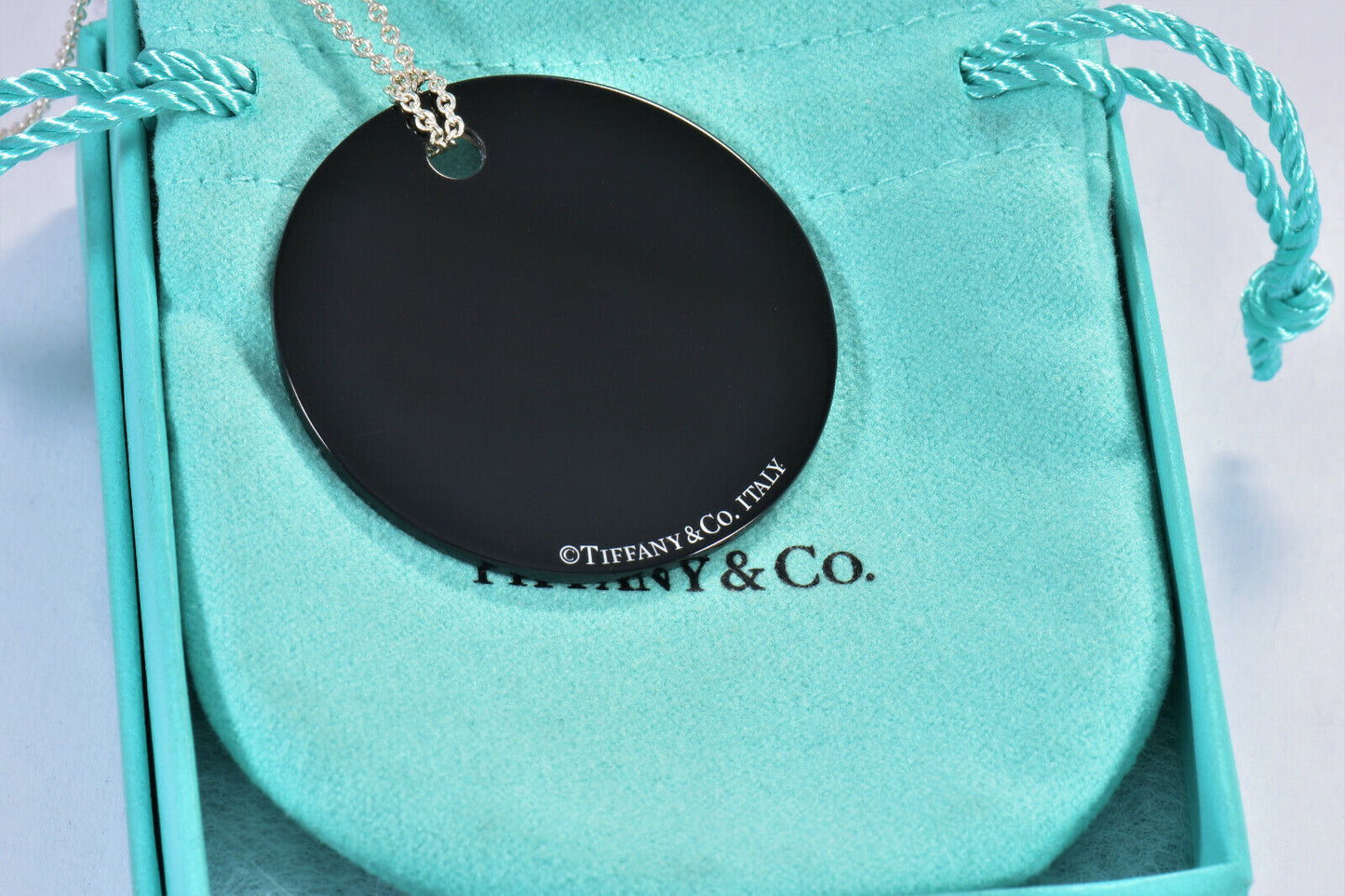 Tiffany & Co Silver Black Onyx NY Address Notes Round Circle Pendant Necklace