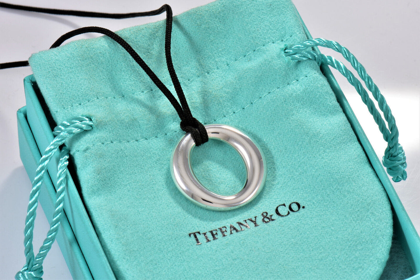 Tiffany & Co Silver Elsa Peretti Sevillana O Pendant Black Silk Necklace & Pouch