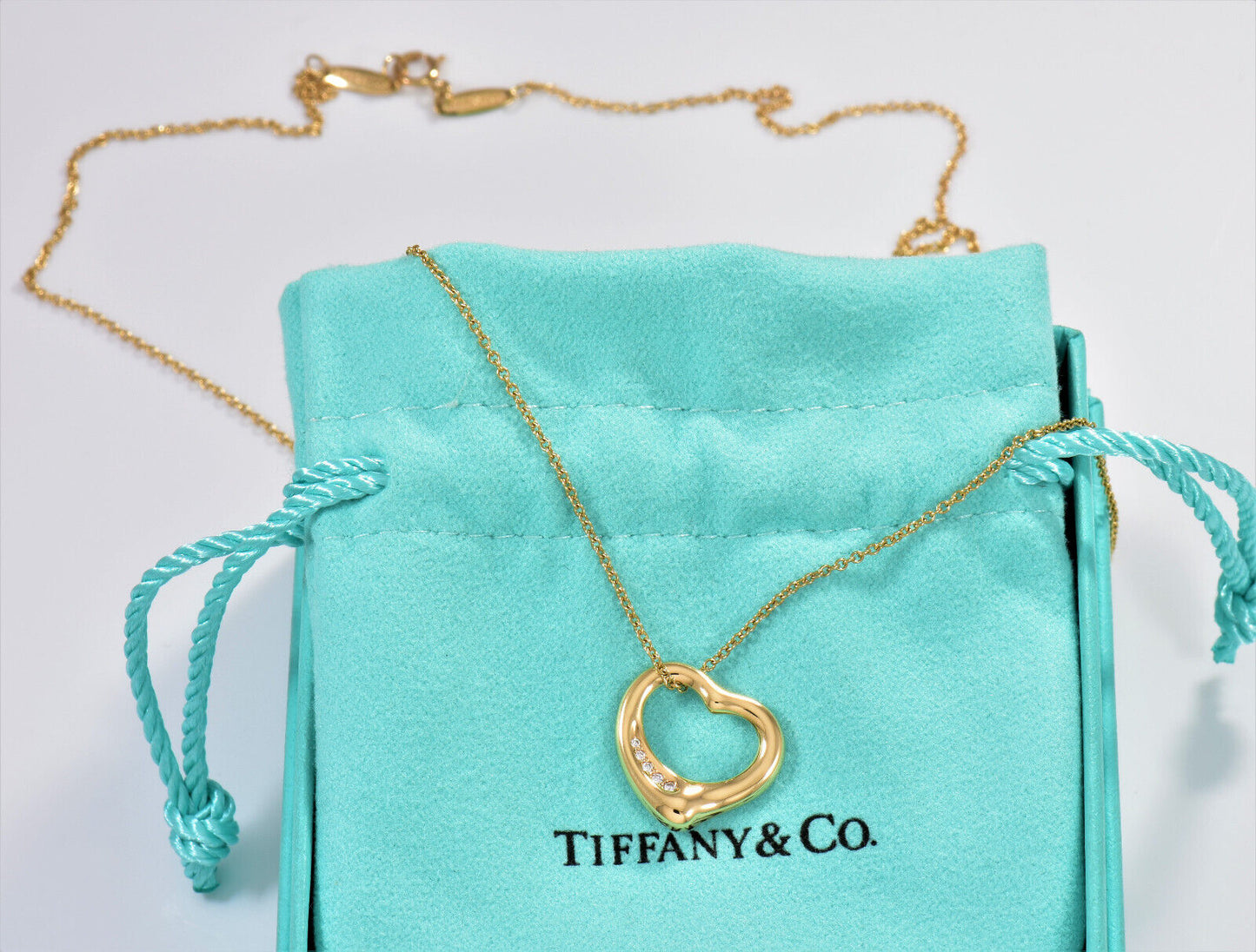 Tiffany & Co Diamond 18K Gold Elsa Peretti Open Heart Pendant 19.25" Necklace