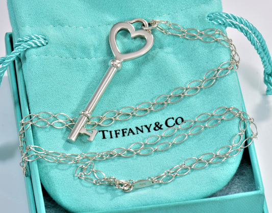 Tiffany & Co Silver Large 2.25" Heart Key Pendant 24.5" Oval Necklace in Box