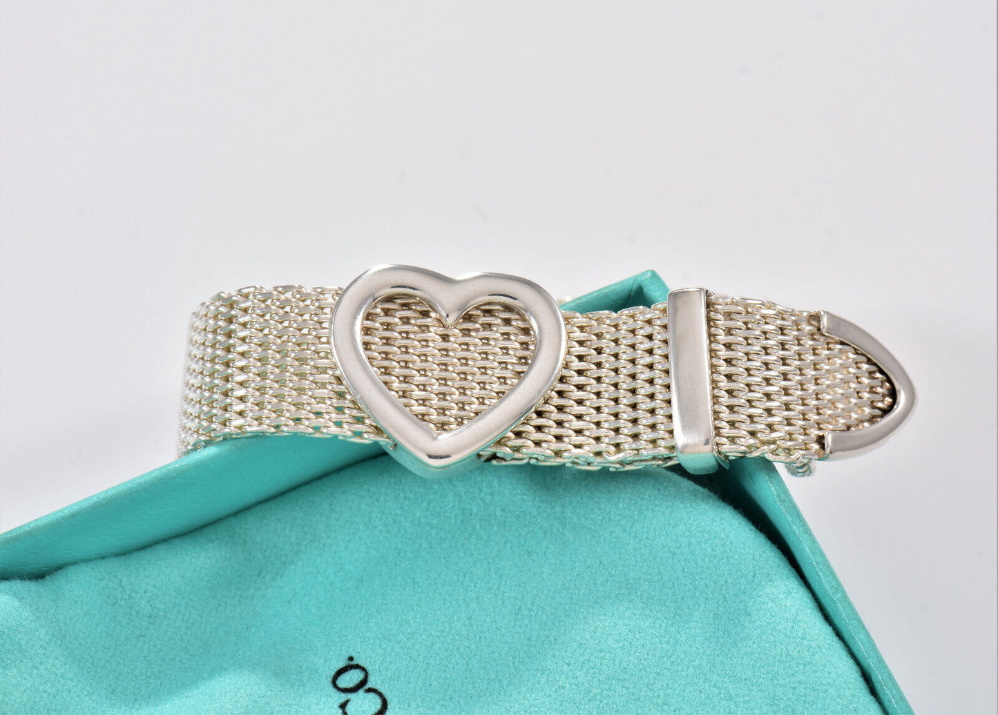 Tiffany & Co Silver Somerset Heart Mesh Belt Buckle 9" Bracelet in Pouch Rare