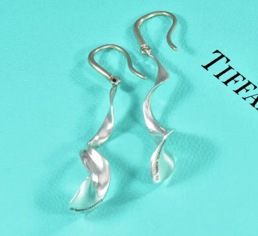 Tiffany & Co Sterling Silver Gehry Orchid Hook Drop Earrings & Pouch Rare Dangle