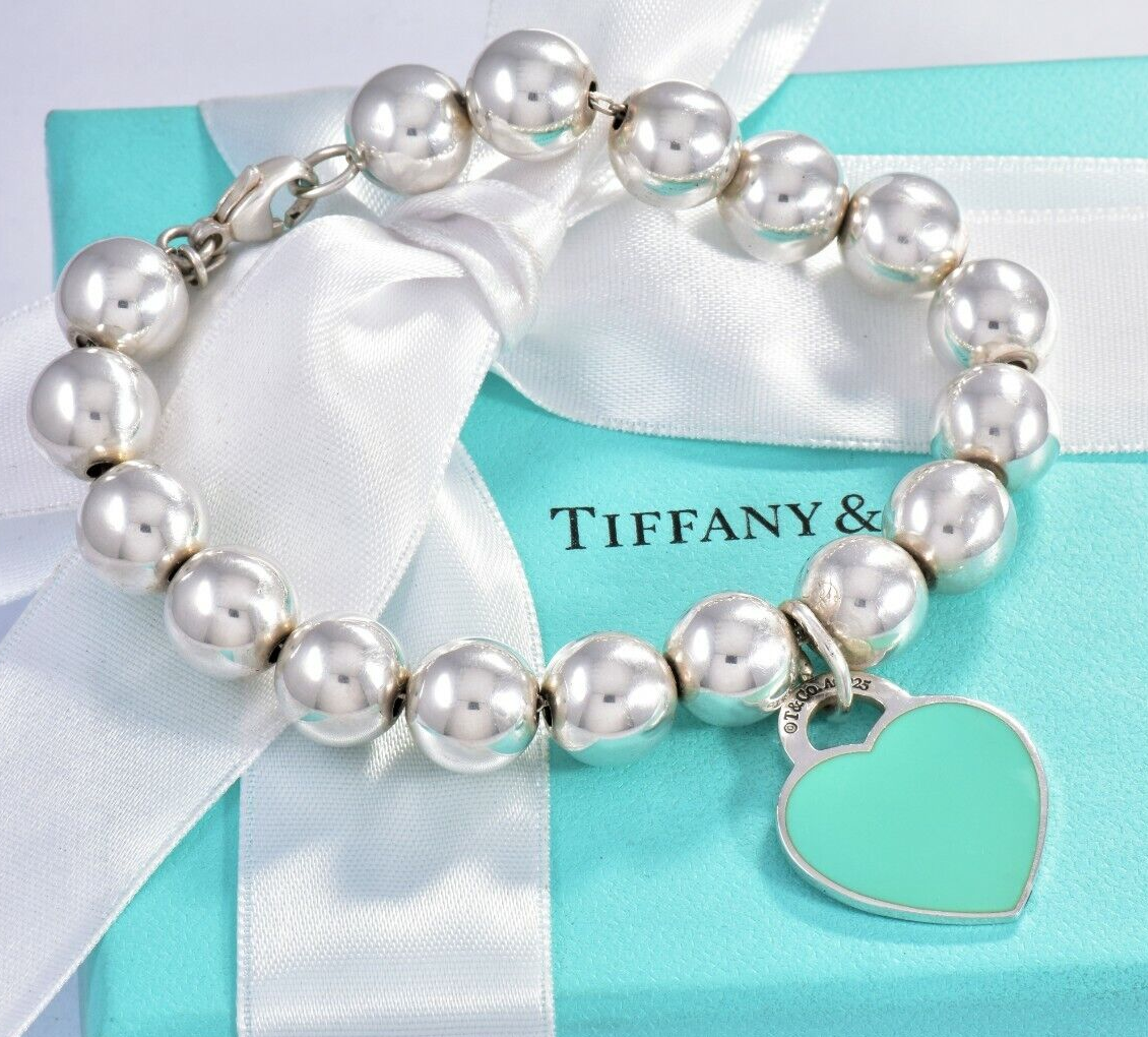 Please Return To Tiffany & Co Silver Blue Enamel Heart 10mm Bead Bracelet Rare