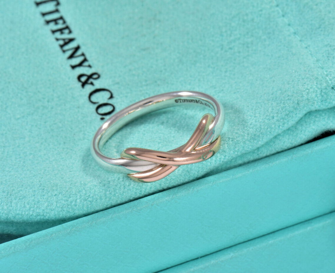 Tiffany & Co 18k Rose Gold Silver Infinity Knot Ring Size 6 in Box Narrow Band