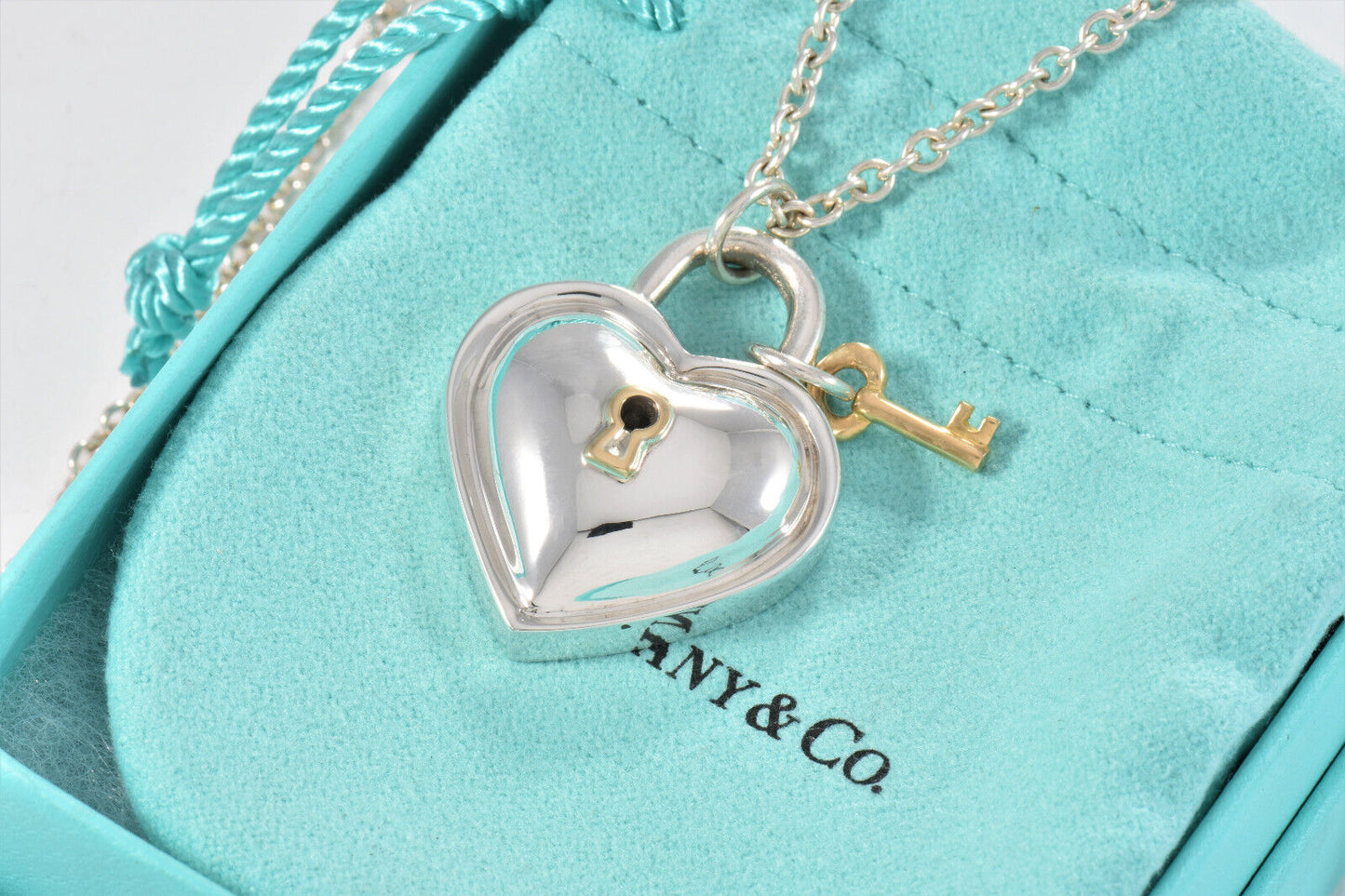 Vintage Tiffany & Co 18k Gold Silver Heart Key Lock Pendant 20.5" Chain Necklace