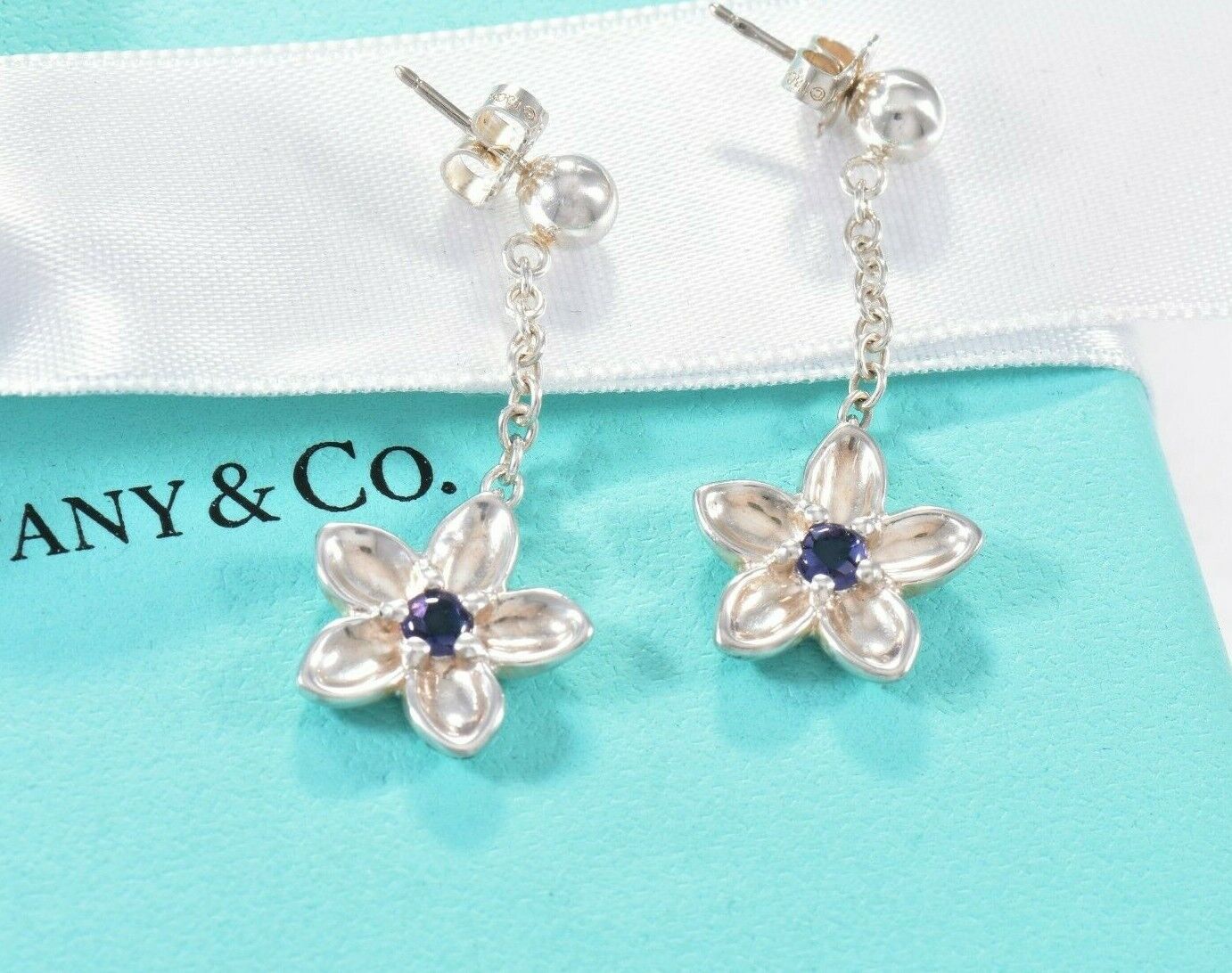 Tiffany & Co Silver Purple Iolite Gem Flower Dangle Earrings & Pouch Rare Lovely