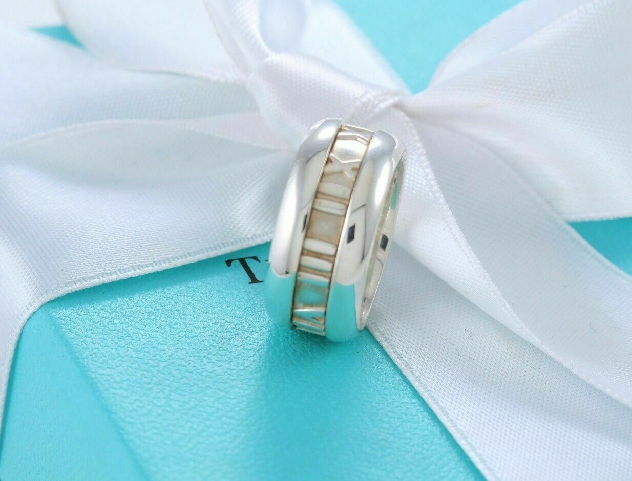 Vintage Tiffany & Co Silver 10mm Wide Atlas Roman Numerals Ring Size 6.5 & Pouch