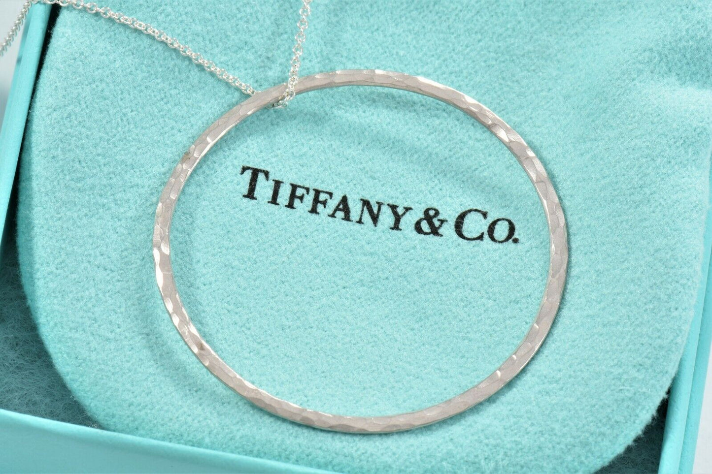 Tiffany & Co Silver Paloma Picasso Hammered Circle Ring Pendant Necklace & Pouch