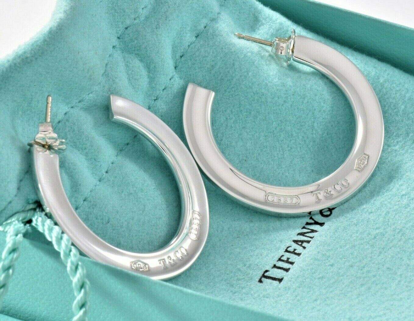 Tiffany & Co Sterling Silver 1837 Wide Flat Hoop Earrings & Pouch Rare Thin Love