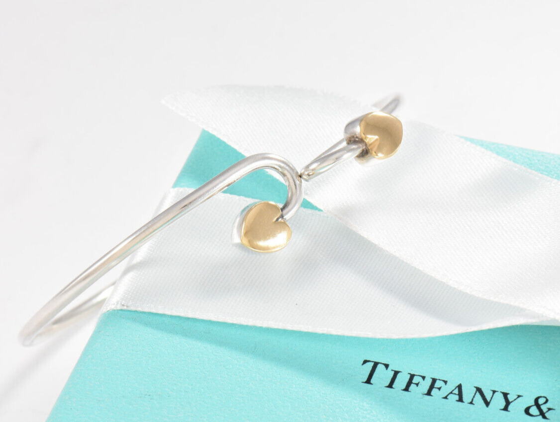 Tiffany & Co 18k Gold Silver Double Heart Hook Bracelet in Box Pouch Bangle Rare