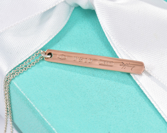 Tiffany & Co Rubedo Gold Sterling Silver 1837 Thin Bar Pendant Necklace in Box