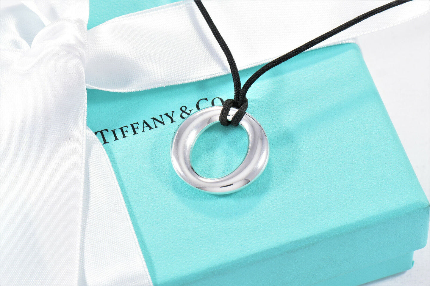 Tiffany & Co Silver Elsa Peretti Sevillana O Pendant Black Silk Necklace in Box