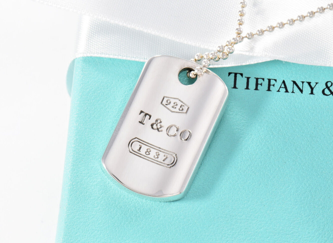 Tiffany & Co Silver 1837 DogTag Pendant 18.25" Bead Chain Necklace in Pouch Mens