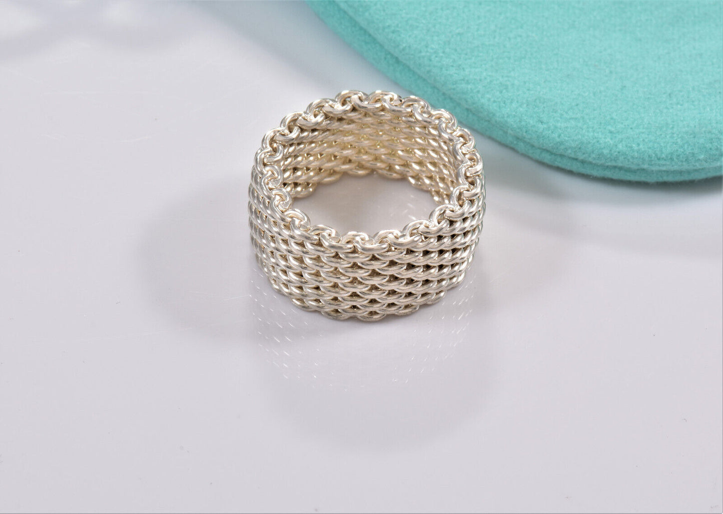 Tiffany & Co Somerset Sterling Silver Mesh Love Ring Size 5 in Box Pouch Lovely