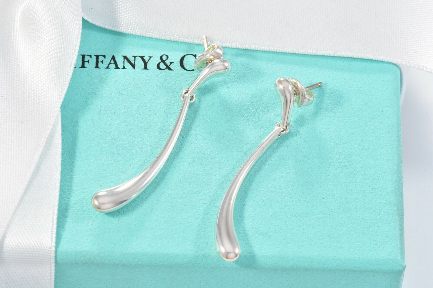 Tiffany & Co Elsa Peretti Sterling Silver Elongated Teardrop Dangling Earrings