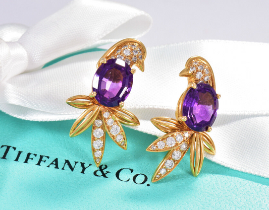 Tiffany & Co 18K Yellow Gold Birds of Paradise Diamond Amethyst Earrings Clip On