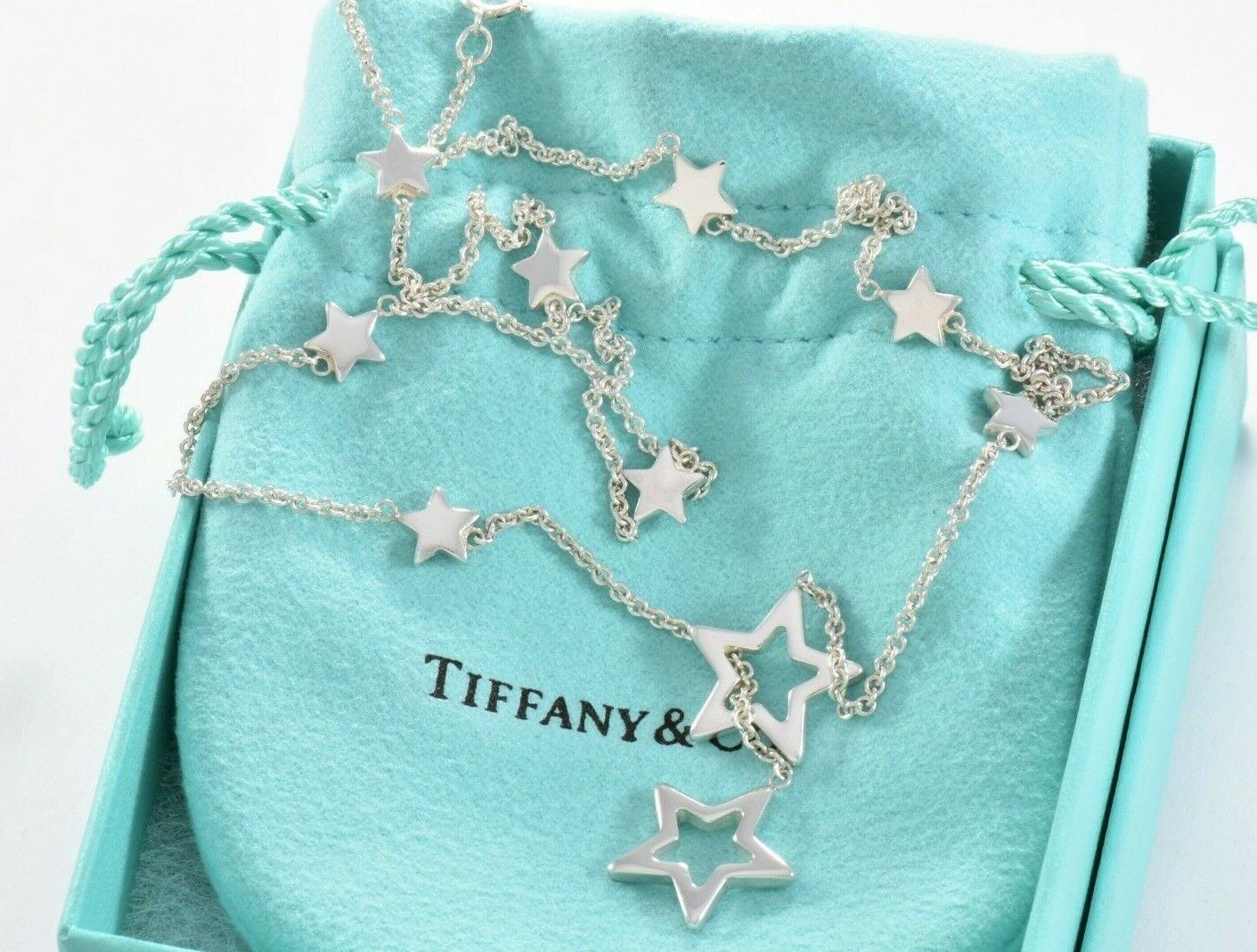 Tiffany & Co Silver Star Link Lariat Pendant Adjustable Necklace and Box Pouch