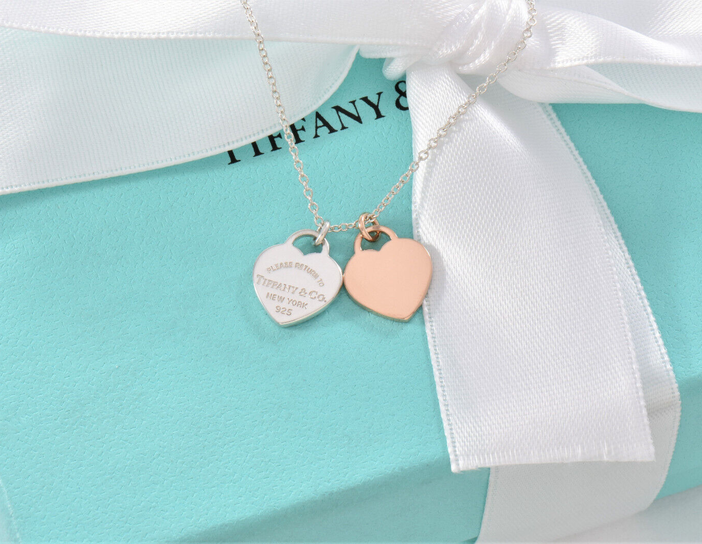 Return Tiffany & Co 18K Rose Gold Silver Mini Double Heart 16" Necklace in Box