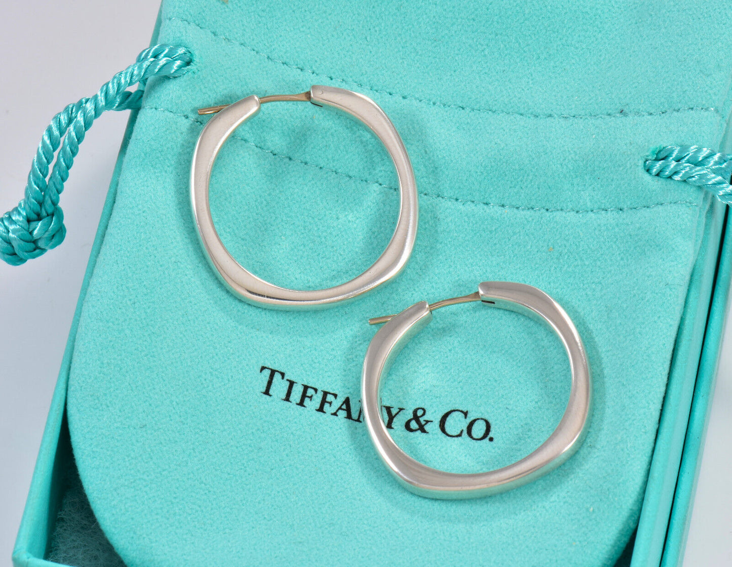 Tiffany & Co Silver Large 29mm Square Cushion Hoop Earrings in Box Pouch Ribbon