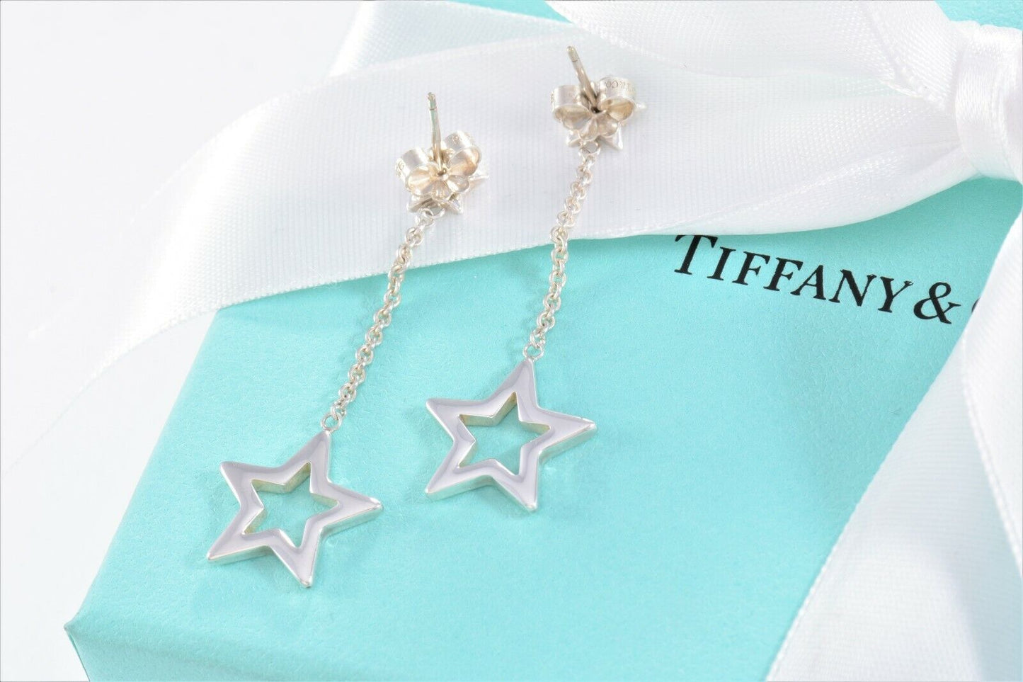 Tiffany & Co Sterling Silver Star Lariat Dangling Earrings in Box Pouch Rare